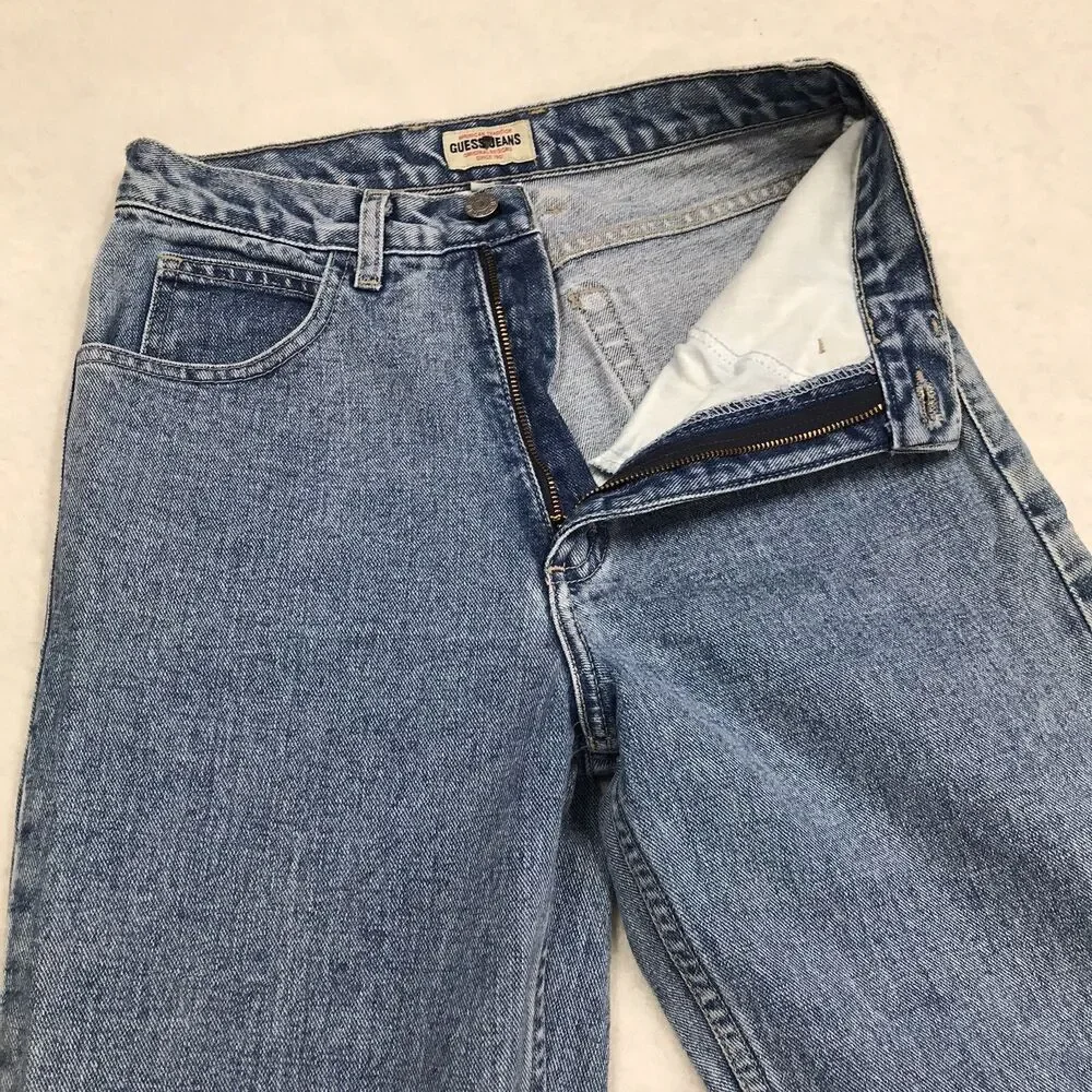 Vintage GUESS 1050 Jeans Women 28x30 Light Acid Wash Blue Denim USA Made Taper